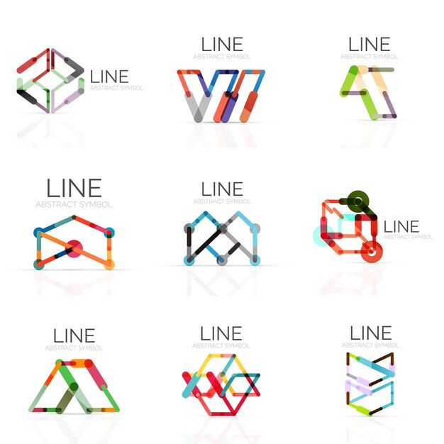 set of linear abstract logos connected multicolored segments lines in geometrical figures
