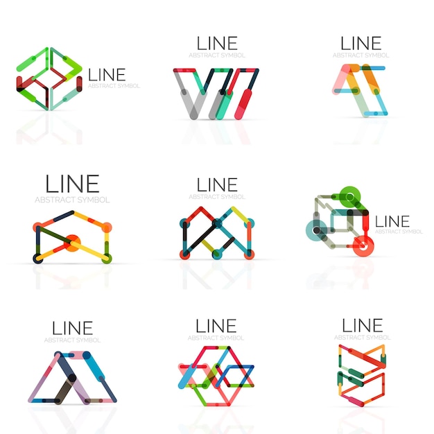 set of linear abstract logos connected multicolored segments lines in geometrical figures