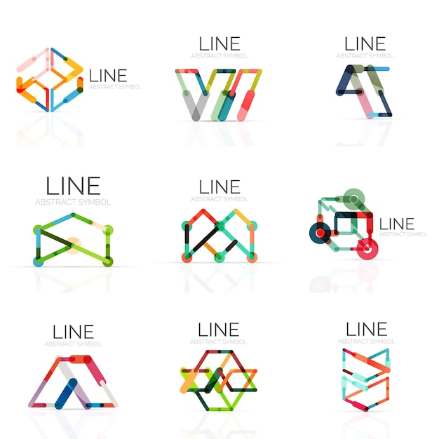 set of linear abstract logos connected multicolored segments lines in geometrical figures