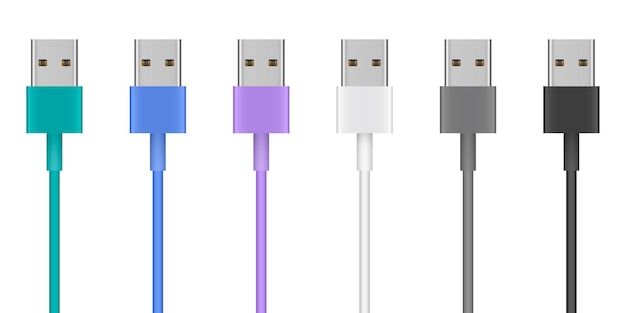 Set of multicolored USB cables Teal green purple blue white gray and black USB plugs with wires