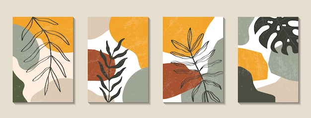 Set of posters with elements of tropical leaves and abstract shapes