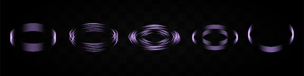 set of purple neon light rings forming various patterns on a transparent background ideal for tech scifi or digital design elements