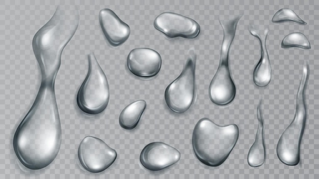 Set of realistic translucent water drops in gray colors in various shape and size