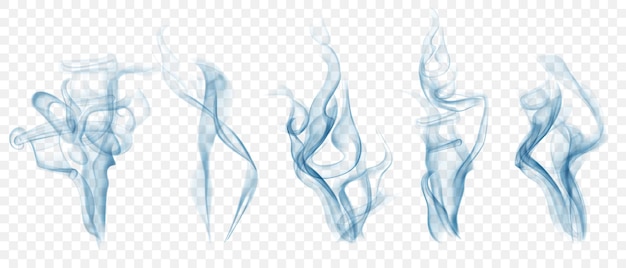Set of realistic transparent smoke or steam in light blue colors, for use on light background. Transparency only in vector format
