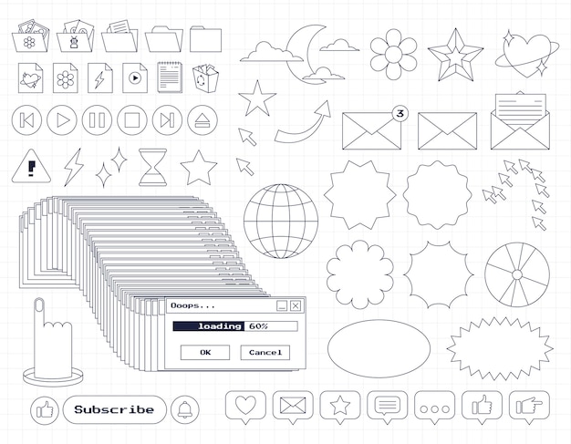 Set of retro computer ui nostalgic elements and stickers Old PC 90s user interface icons with an outline Frozen window loading buttons folders arrow Outline Y2K icons Vector illustration