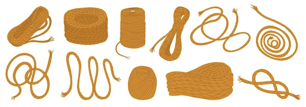 Set of rope in knots coils and skeins Hardware store Household and agricultural tools Climbing equipment Jute for handicrafts Marine gear Vector illustration isolated on transparent background