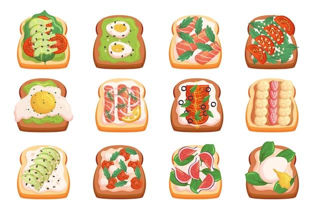 set of sandwiches with various fillings as ham eggs lettuce and tomato served on fresh bread appetizing collection