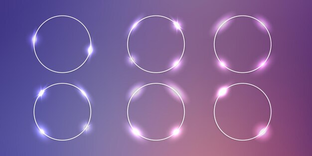 set of six neon circle frames with shining effects and sparkles on purple background empty glowing techno backdrop vector illustration