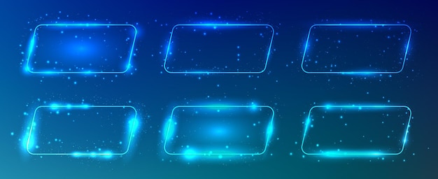 Set of six neon frames with shining effects and sparkles