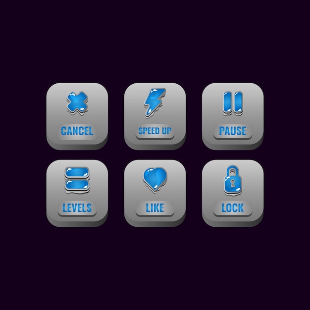 Set of square stone buttons with jelly icons for game ui asset elements