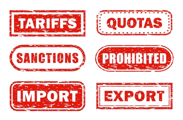 Set of textured red rubber stamps various shapes with text Tariffs Sanctions Quotas Import Export
