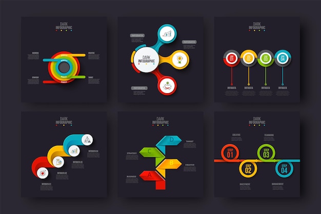 Set of the dark infographic elements. Cycle, flow charts, arrows and abstract elements.