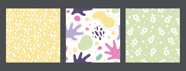Set of three colorful abstract seamless patterns Hand drawn vector illustrations