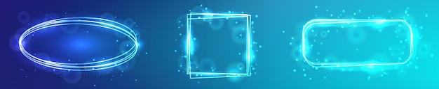 Set of three neon frames with shining effects and sparkles