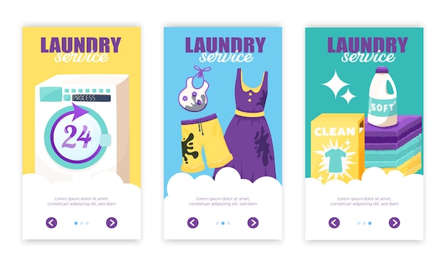 Set of three vertical laundry banners with arrow buttons ornate text with dirty and clean clothes