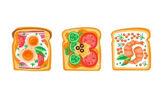 set of toast bread with different healthy toppings sandwiches with egg ham cheese cucumber shrimps and caviar top view flat vector illustration