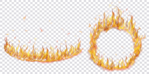 Set of translucent fire flames in the shape of an arc and a circle on transparent background. For used on light illustrations. Transparency only in vector format