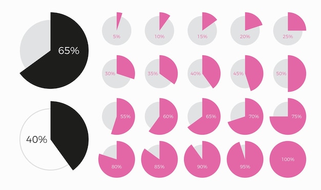 Set of trendy circle infographic pie chart diagrams design elements with percentages