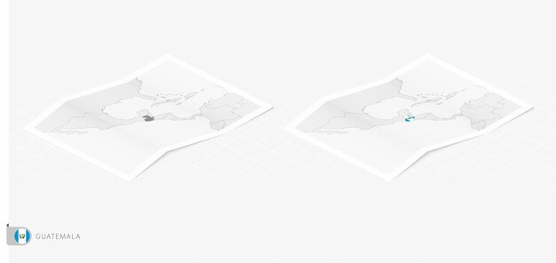 set of two realistic map of guatemala with shadow the flag and map of guatemala in isometric style