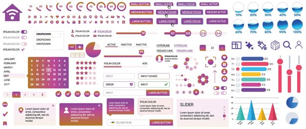Set of UIUX elements for websites and mobile applications buttons forms menus panels
