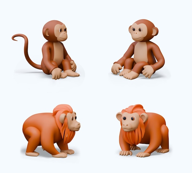 Set of vector 3D monkeys in different positions Color templates