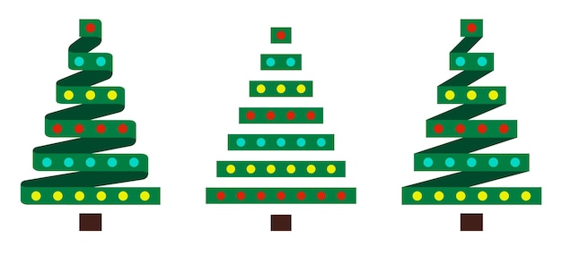 Set of vector christmas trees made from stripes with lights and garlands in minimalistic flat style