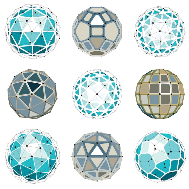 Set of vector dimensional wireframe low poly objects, spherical facet shapes with grid. Technology 3d mesh elements collection can be used as design forms in engineering.