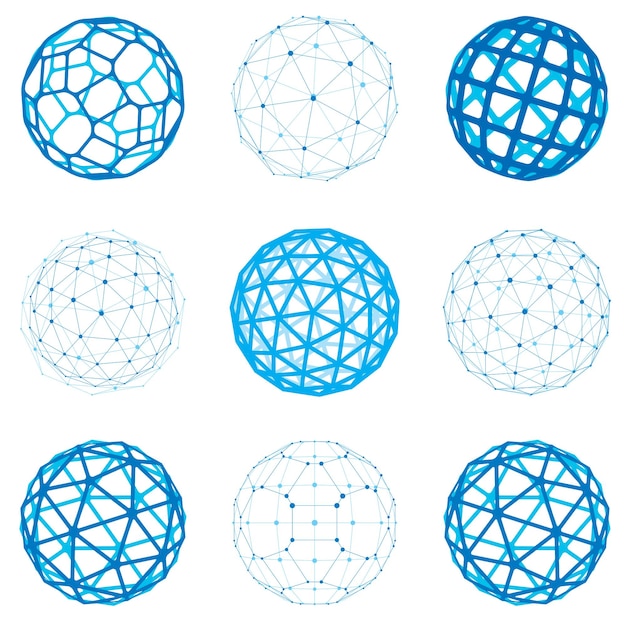 Set of vector dimensional wireframe low poly objects, spherical facet shapes with grid. Technology 3d mesh elements collection can be used as design forms in engineering.