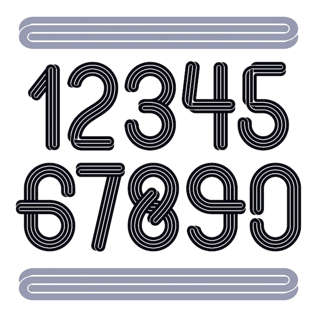 Set of vector funky rounded numbers made with parallel lines, can be used for logo creation in entertainment business.
