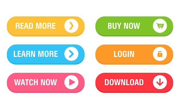 Set of vector modern trendy buttons Trendy colors on white background Read more learn more buy now download watch now login colorful button set