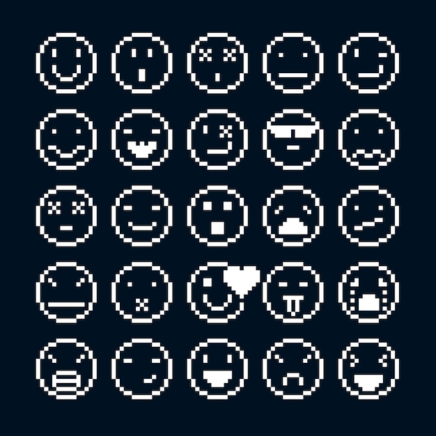 set of vector retro signs made in pixel art style. emotional expressions displayed on the faces of personalities, geometric pixilated symbols.