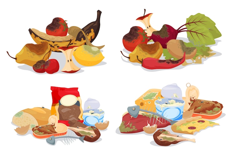 Vektor set of vegetables fruits rotting products composting food perishable products vector illustration on