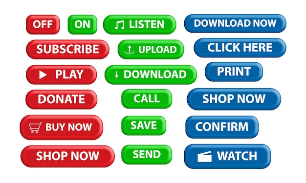set of web buttons for different purposes, 3d button icon collection in red, green, blue color.
