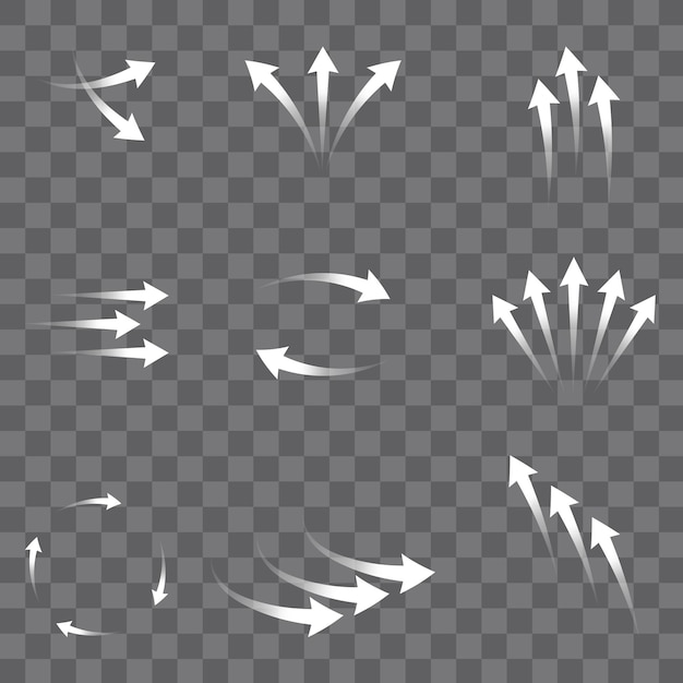 Set of white arrows showing air flow direction isolated on transparent background