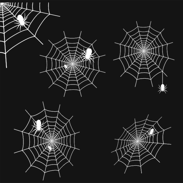 Set of white cobweb with spiders on black background. Spider web. Vector.