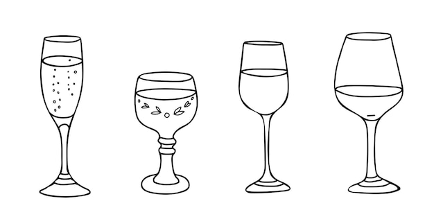 Set of wine glasses white and red champagne or sparkling wine glassware roman glass hand drawn