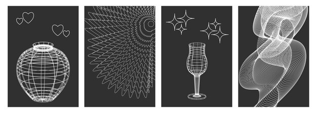 Set of wire frame mesh vases Black and white linear retro design elements 3D Y2k Vector