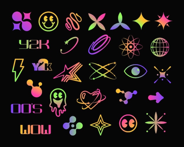 Set of y2k futuristic acid neon icons