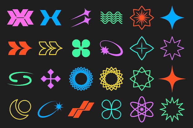 set of y2k symbols in retrofuturism style design elements for logo templates in minimalist style