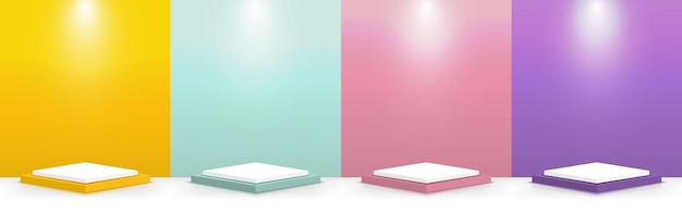 Set of Yellow Green Pink Purple scene background with square stage podium minimal style