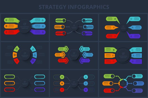 Set Strategy iinfographic with 6 steps or processes Template for web on a black background