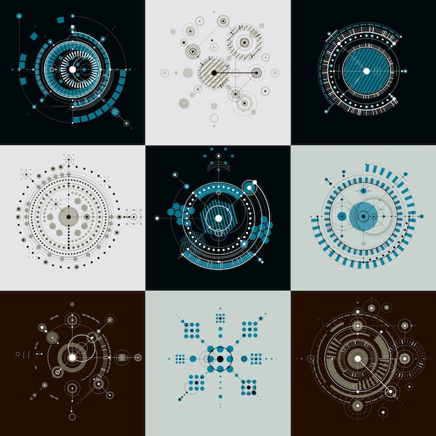 Set vector Bauhaus abstract backgrounds made with grid and overlapping simple geometric elements, circles. Retro artworks, technology style graphic templates for advertising poster.