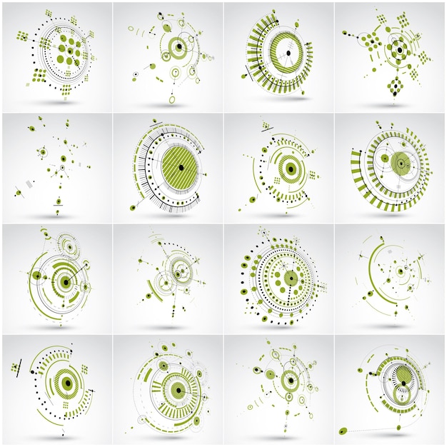 set vector bauhaus backgrounds made with grid and overlapping geometric elements, circles. retro artworks, technology style dimensional graphic templates for advertising poster.