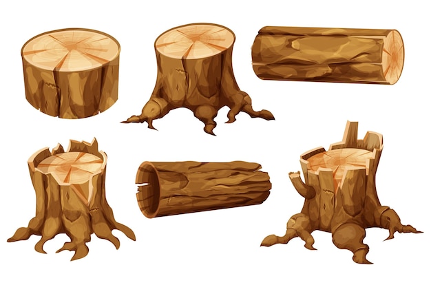 set wooden stump forest tree trunk with roots log cut section in cartoon style
