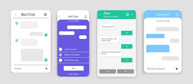 Sett med chat bot dialogvinduer for nettsted og mobilapp Samling av gruppe tekstmeldingsapp