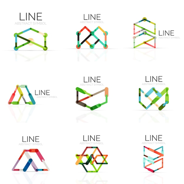 Sett med lineære abstrakte logoer koblet sammen med flerfargede segmentlinjer i geometriske figurer