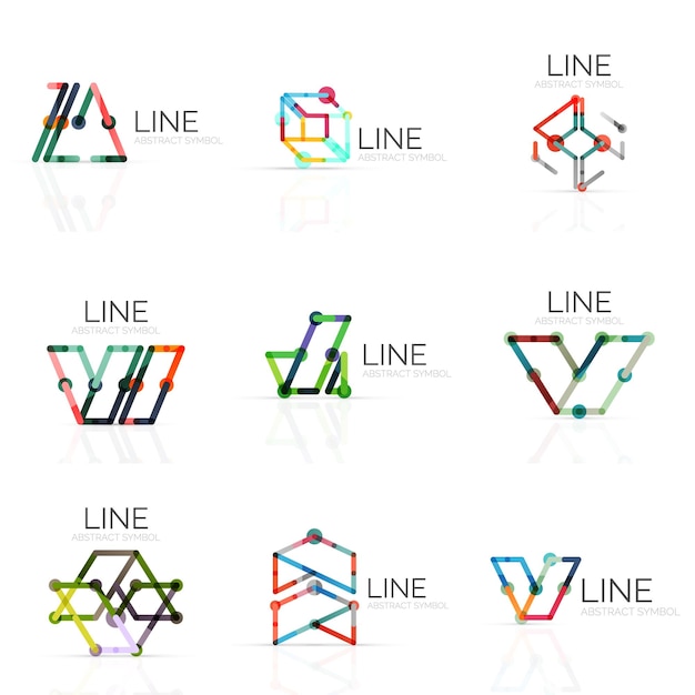 Sett med lineære abstrakte logoer koblet sammen med flerfargede segmentlinjer i geometriske figurer