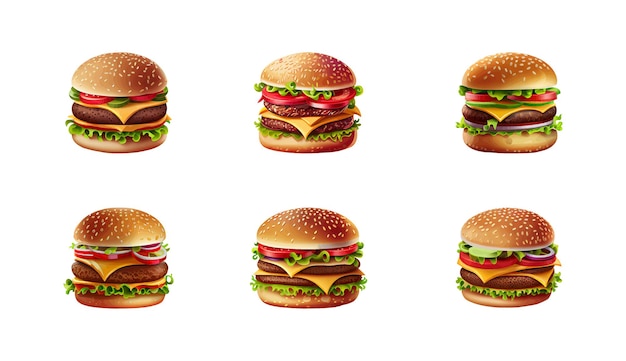 Sett med seks hamburgere. Vektortegning av hamburger med ost, tomat i flat tegneseriestil
