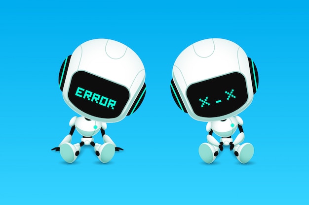 Sett med søt robot AI-karakterfeil og krasjaksjon