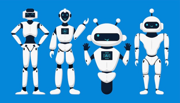 Sett med søte roboter, chatboter, AI-roboter, karakterdesignvektorer, AI-teknologi og cyberkarakterer. Futuristisk teknologitjeneste og kommunikasjon med kunstig intelligens-konsept